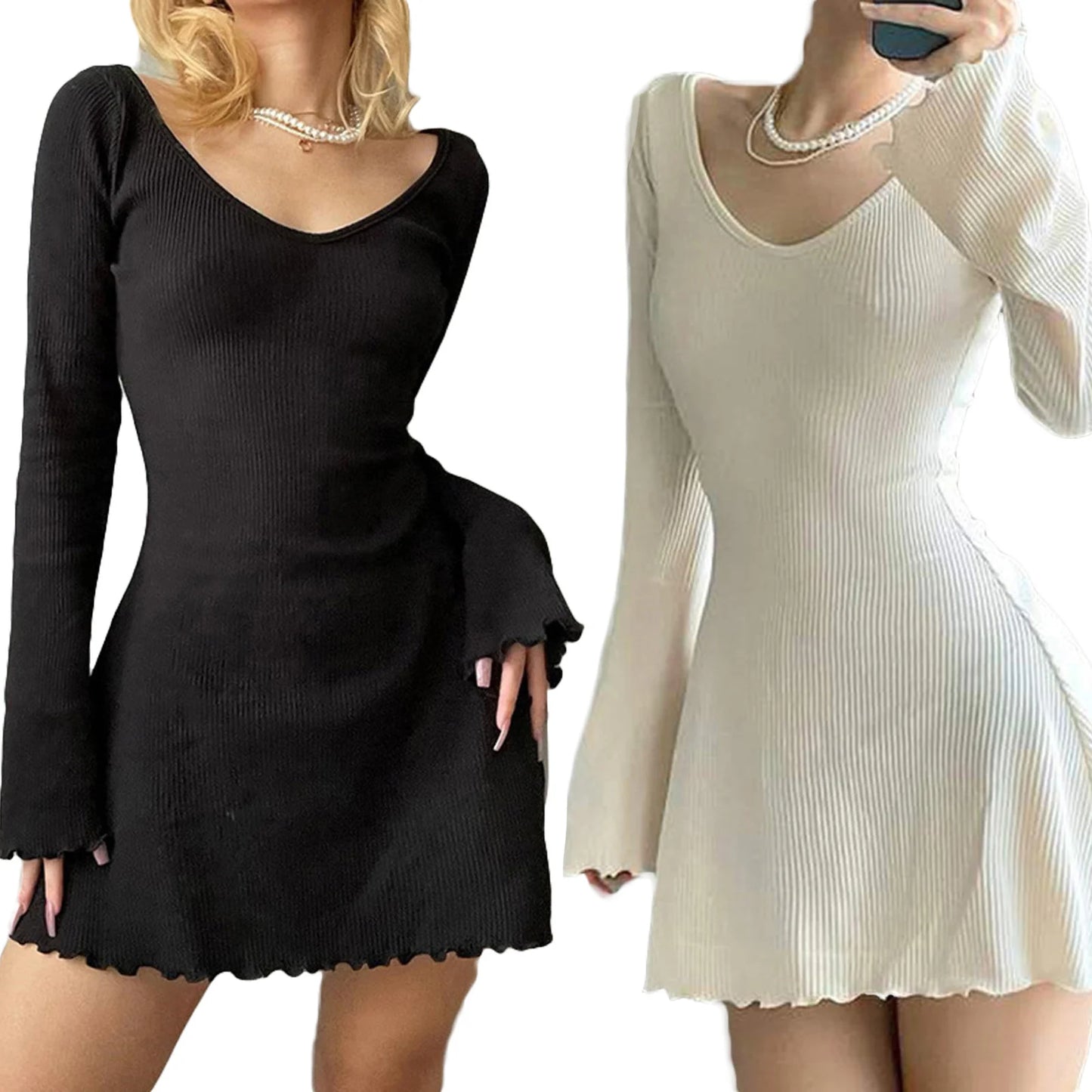 Knitted y2k Dress for Women 2024 Solid U Neck Backless Sexy Long Flared Sleeves Basic Slim Mini A-Line Dress