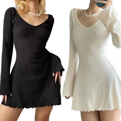 Knitted y2k Dress for Women 2024 Solid U Neck Backless Sexy Long Flared Sleeves Basic Slim Mini A-Line Dress