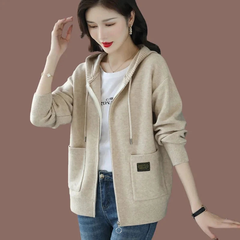 Women Hooded Knitted Cardigan Spring Autumn Large Size Casual Zipper Sweater Coat Korean Fashion Knitwear Female Tops 3XL Y1432