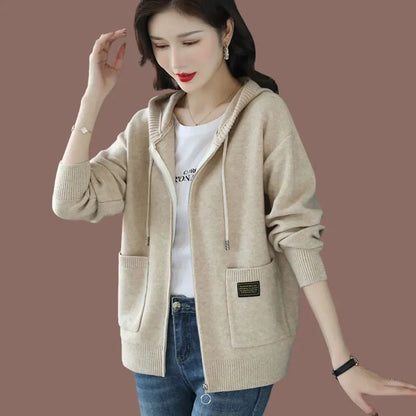 Women Hooded Knitted Cardigan Spring Autumn Large Size Casual Zipper Sweater Coat Korean Fashion Knitwear Female Tops 3XL Y1432