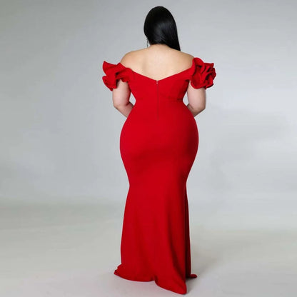 Plus Size Evening Dress Elegant Lady Ruffle Red Black Sexy Backless Large Sizes Women Party Formal Maxi Long Dresses Summer