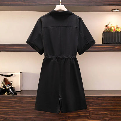 150Kg Plus Size Women's Loose Jumpsuits Bust 153 Drawstring Lapel Short Sleeves Casual Slim One-Piece Shorts 5XL 6XL 7XL 8XL 9XL