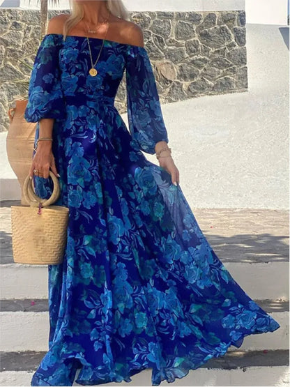 New Sexy Slash Neck Maxi Dress Fashion Printed Elegant Casual Long Dress For Women Loose Lace Up Beach Party Dresses Robe Femme