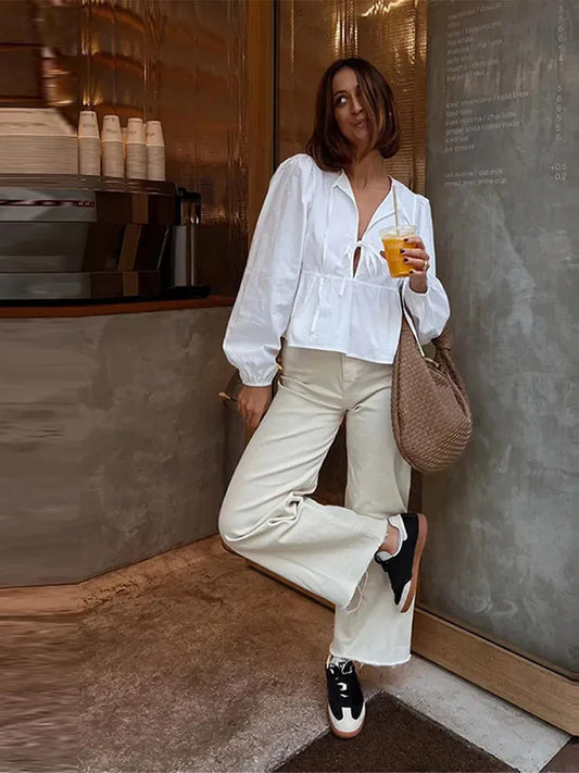 Fashion Solid Lace Up Shirts for Women Casual Long Sleeves Female Blouse 2024 Spring Summer New Office Lady Commuter Shirts