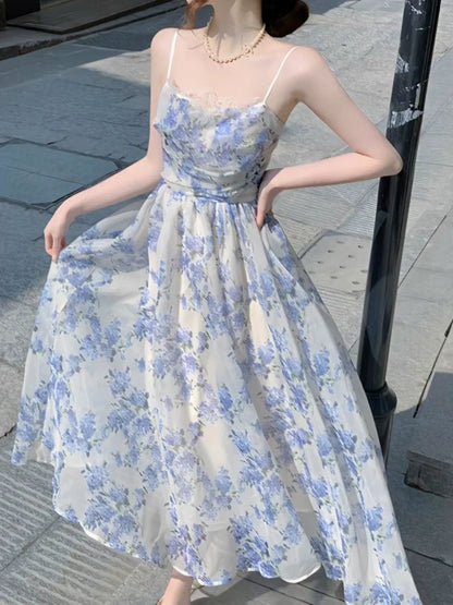 Floral Dresses Women Lace Sweet Vacation Summer Sleeveless Princess Fashion Ulzzang Ladies Temperament Vintage Slim Ankle-length