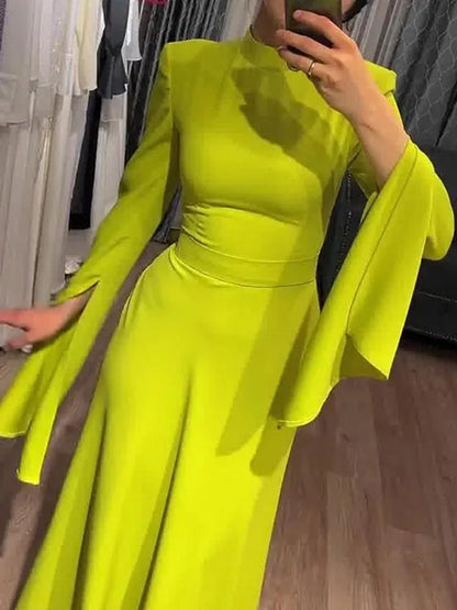 Missuoo Women Ladies Elegant Evening Dress Half High Neck Long Ruffle Sleeves Slim Fit Floor Length Wrap Dresses Banquet Dress