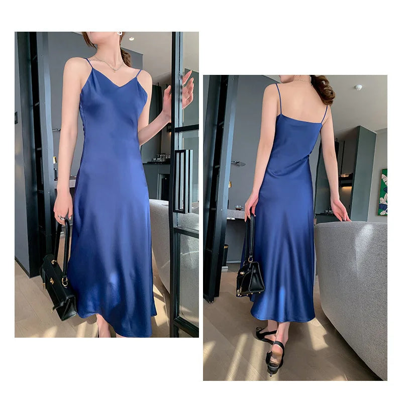Womens Sexy V Neck Satin Faux Silk Long Dress Evening Paty Club Cocktail Sling Sleeping Female Sleeveless V-Neck Nightgowns