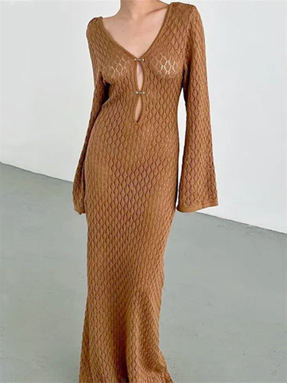 Women Long Knit Dress Solid Color Hollow Out Deep V-Neck Long Sleeve Backless Dress Beach Club Sexy Elegant See Through Dresses