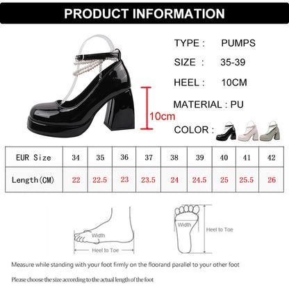 Vintage High Heels Mary Jane Shoes for Women 2023 Patent Leather Platform Pumps Woman Pearls Chain Thick-Heeled Shoes Female