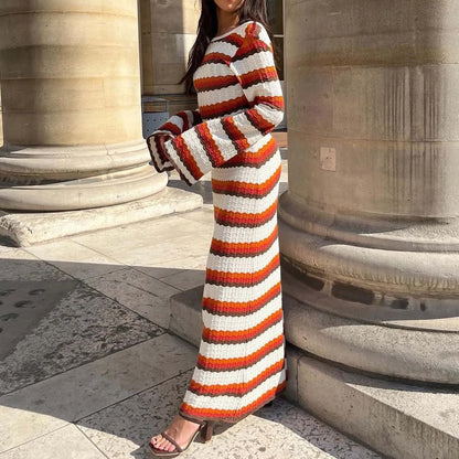 Knitted Hollow Out Dress Women's Striped Print Contrast Color Beach Vacation Long Dress Cover Up Maxi Dress For Women Vestido