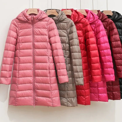 Women Ultra Lightweight Packable Long Puffer Jacket New Autumn Winter Warm Hat Detachable Hooded Female Coat Parka 5XL 7XL