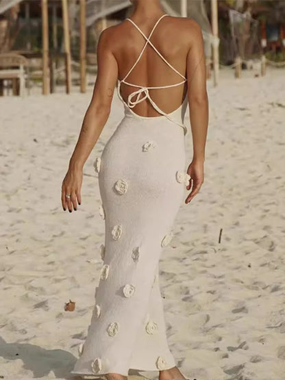 Women Elegant 3d Flower Sling Maxi Dress Knit Fashion V-neck Sleeveless Slim Dresses 2024 New White Lady Chic High Street Robes