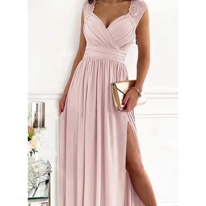 2024 New European and American Sex Pleated Stitching Long Slit Dress Long Skirt Dress White Dress