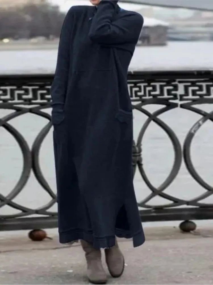 2024 Autumn Winter Plus Velvet Hoodie Dresses For Women Knitted Flower Lace Edge Loose Maxi Dress Casual Long Vestido Female New