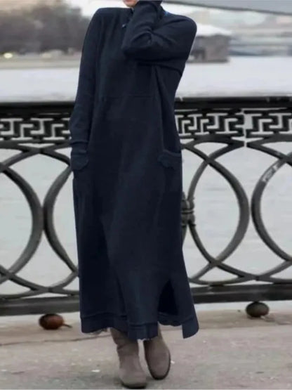 2024 Autumn Winter Plus Velvet Hoodie Dresses For Women Knitted Flower Lace Edge Loose Maxi Dress Casual Long Vestido Female New