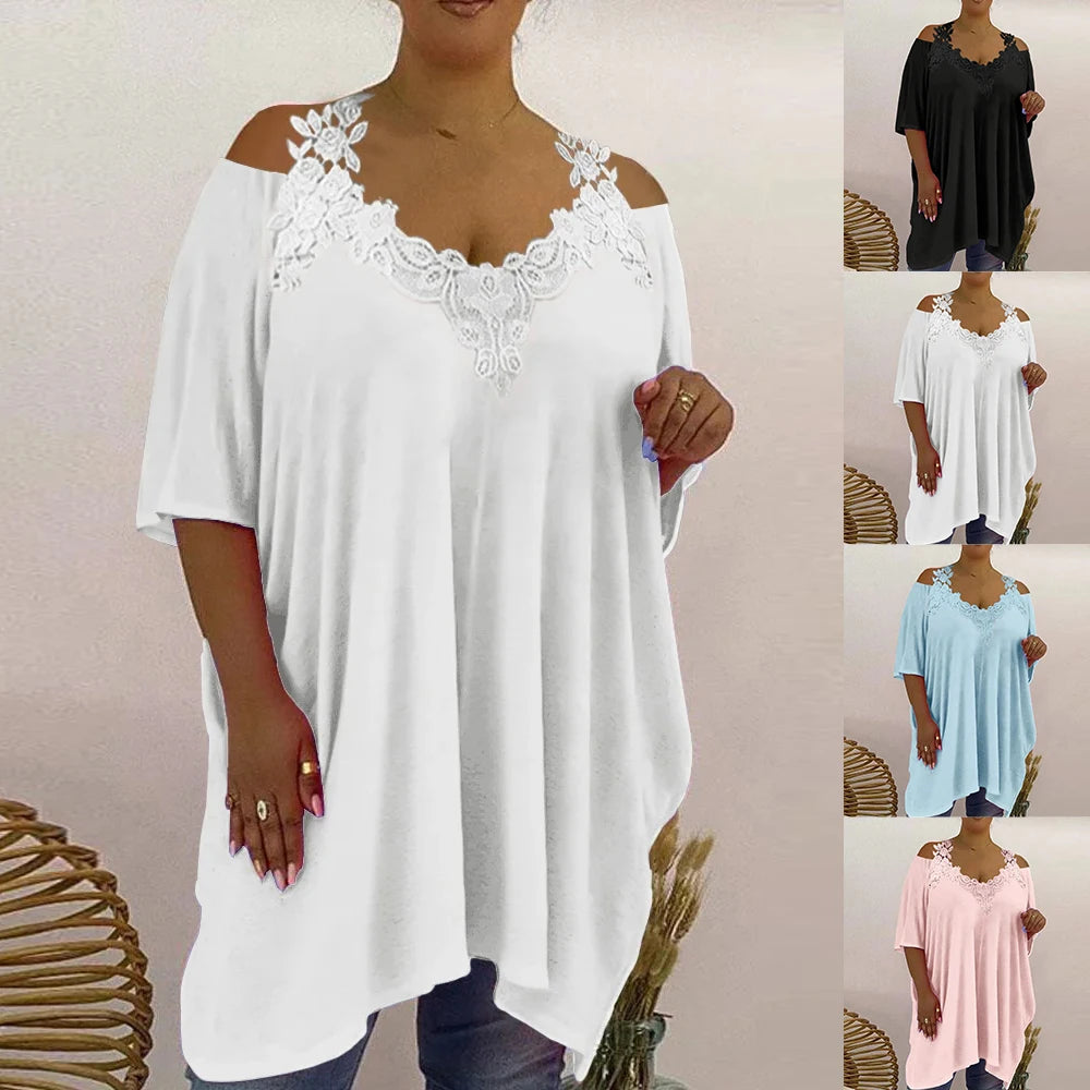 Plus Size Womens Lace V-Neck Tunic Tops Summer Cold Shoulder Casual Loose Shirt Oversized Ladies Fashion Clothes Clothing 2023
