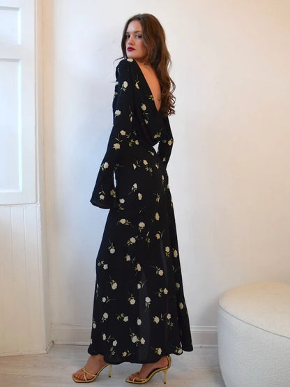 JULISSA MO Ladies Chiffon Floral Print Long Sleeve Backless Maxi Dress High Split Elegant Slim Evening Dress  Autumn Outfits