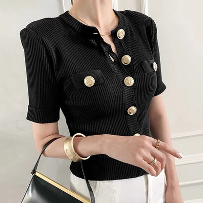 Runway Korean Chic Women's Clothes Cardigan Summer Elegant O-neck Big Button Design Slim Female Short Knitting Top Tees