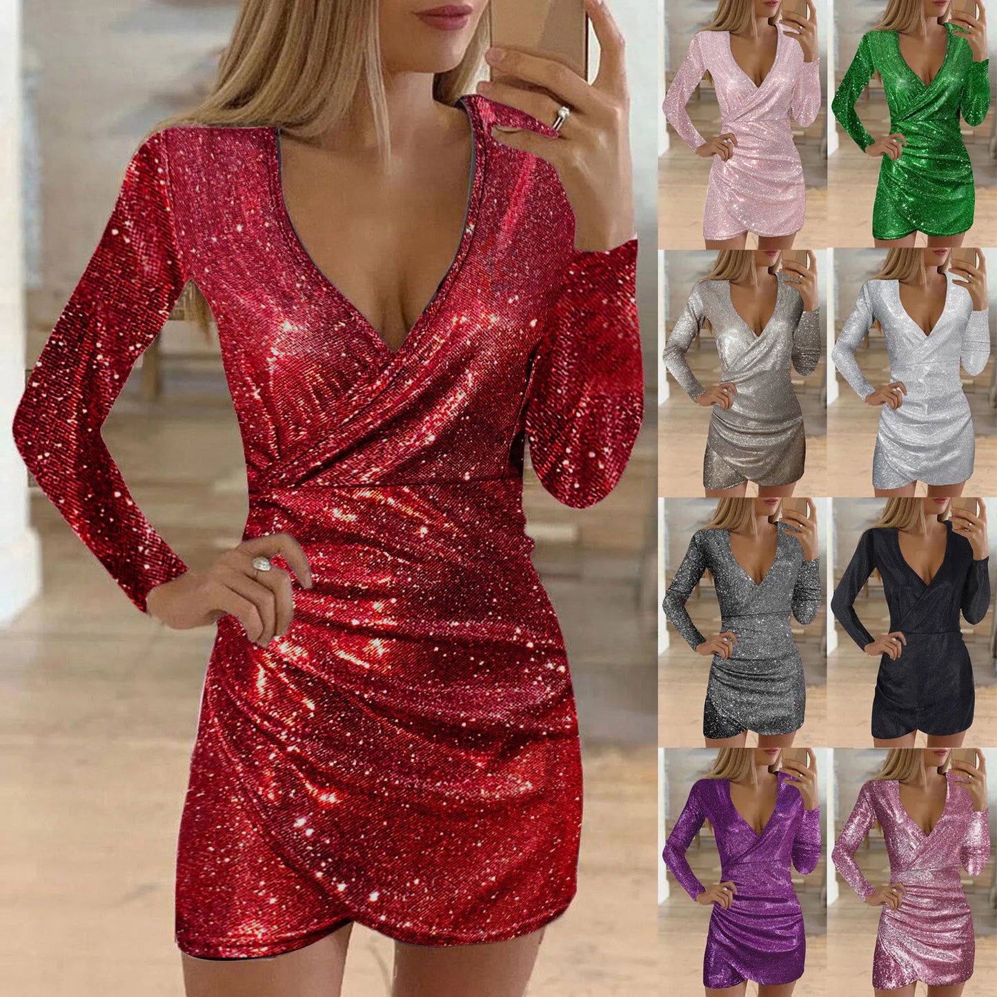 Sequin Ruched Metallic Bodycon Dress Evening Party Gown Club Mini Dresses V-neck Long Sleeve Wrap Hip Dress Vestidos