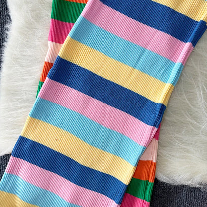 Chic Elastic Sexy Wrap Hips Maxi Long Dress Women Y2K Rainbow Knitted Bodycon Summer Dress Streetwear Ladies Outfits Sundress