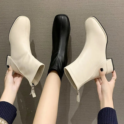 Elastic Socks Boots Fashion Ankle Boots Women High Heel Thicks  Heel Square Toe Short Boots Women Retro New Ladies Shoes