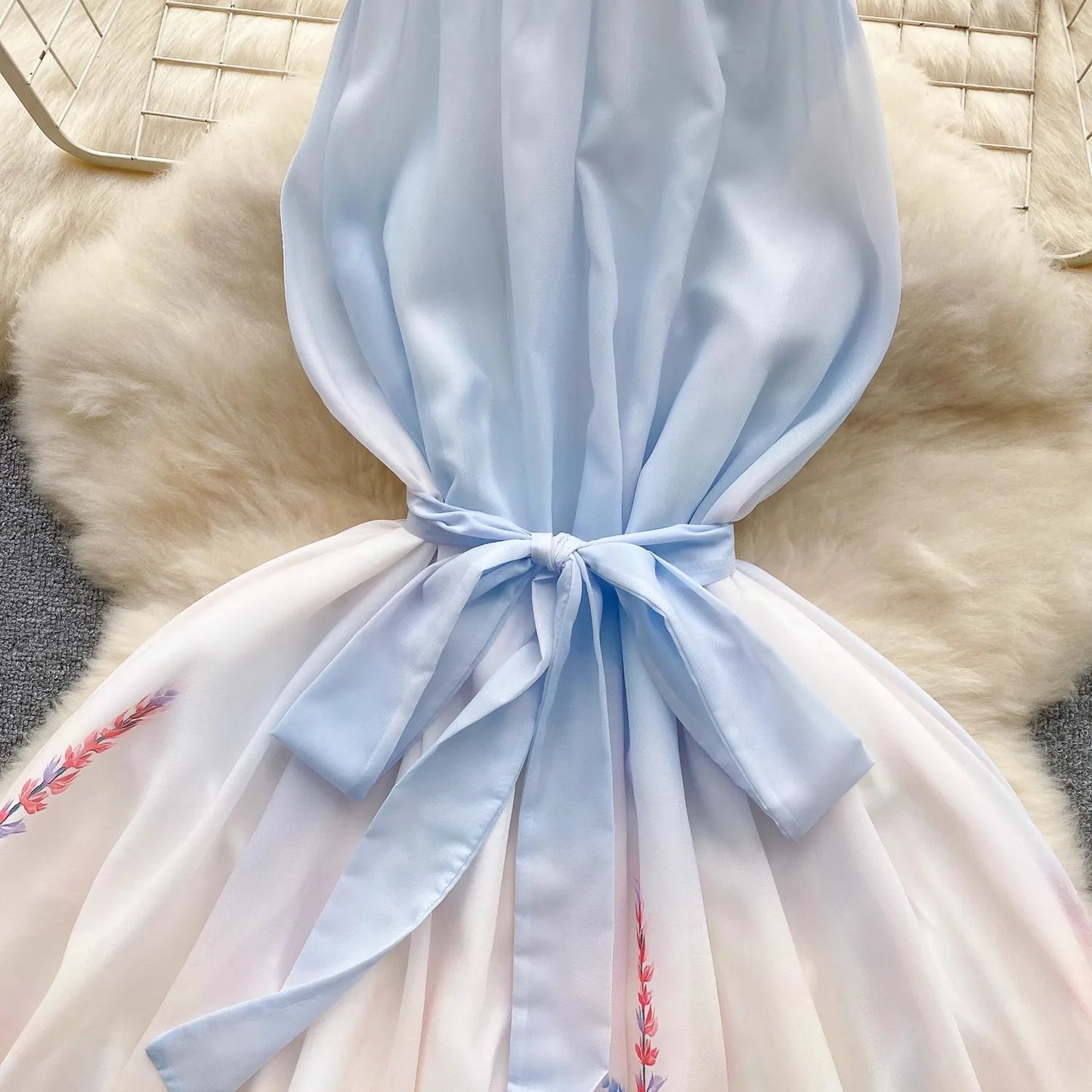 2024 Summer Vacation Beach Chiffon Dress Women Halter Off Shoulder Flower Print Sashes Lace Up Long Boho Robe Loose Vestido 6361
