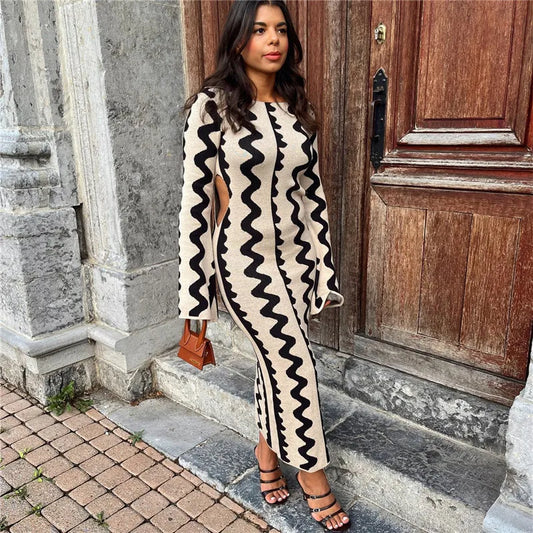 hirigin Vintage Wave Print Knitted Long Dress Women Elegant Party Pencil Dress Long Sleeve Crew Neck Cutout Waist Pencil Dress