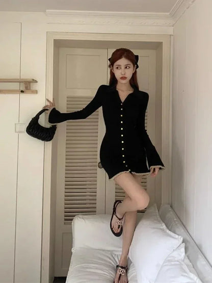 Deeptown Coquette Black Mini Cabaret Dress Women Korean Style Y2k Sweet Ruffles Long Flare Sleeve Tunic Knitted Dresses Autumn