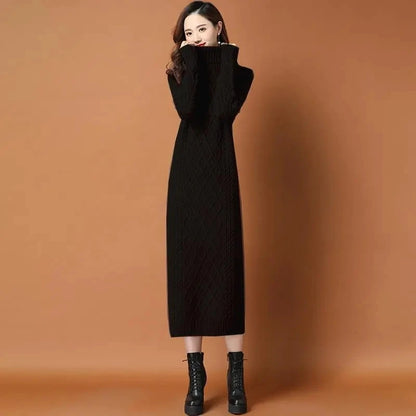 Turtleneck Thicken Warm Knitted Dress Loose Long Straight Dresses Bottoming Sweater Robe Fall Winter Knitwear Vestidos Mujer