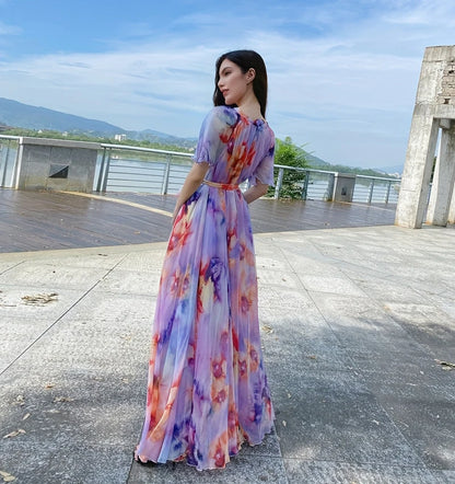 Plus Size Bohemian Beach Sundress Flying Clothing Chiffon Loose  Elegant Vestido Robes Lady Holidays Prom Long Dress Belt Which