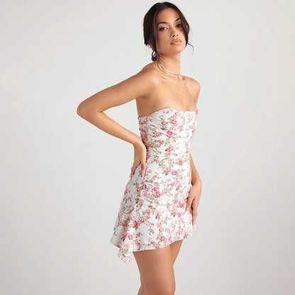 Women's Elegant Short Dress Breasted Floral Slim Large Backless European and American Casual Vacation Style Spice Short Dresses