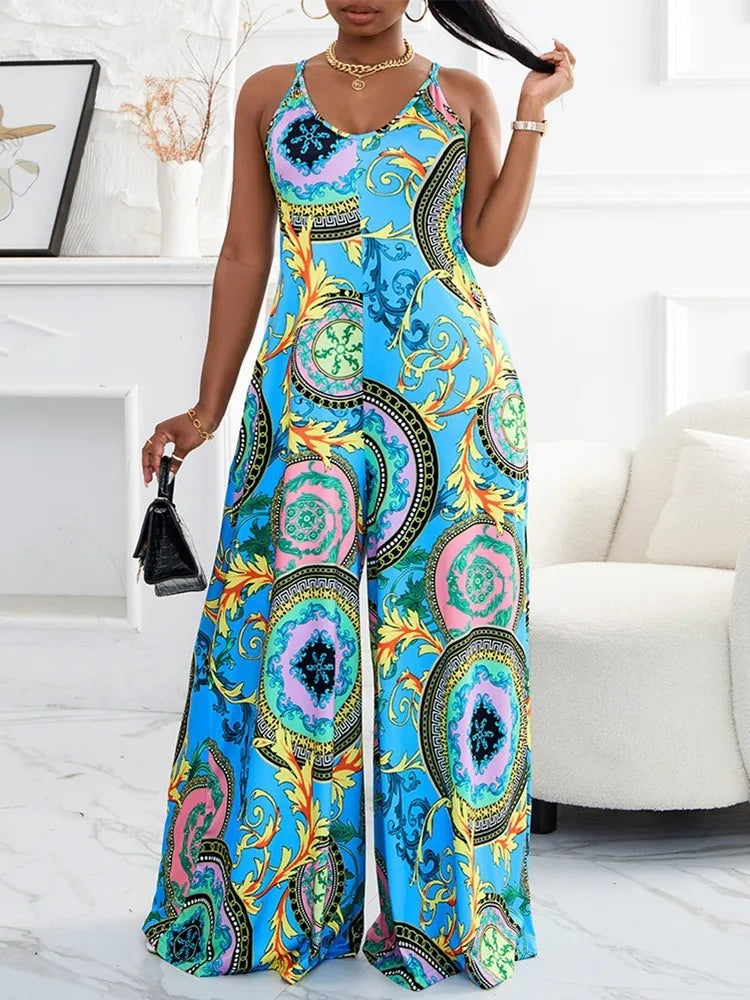 Plus Size Baroque Print Wide Leg Jumpsuit