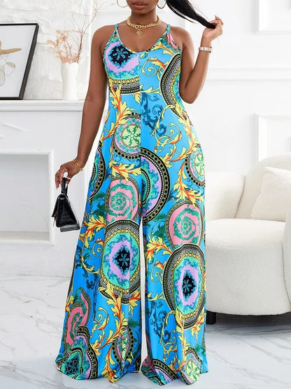 Plus Size Baroque Print Wide Leg Jumpsuit