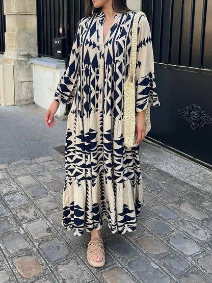 Elegant Summer Maxi Dress Women Casual Streetwear  Vintage Geometric V Neck Boho Beach Long Loose Dresses Female Vestidos