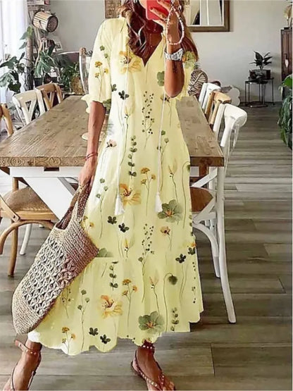 2024 Women Vintage Print Bohemian Dress Summer Fashion V Neck Half Sleeves Long Dresses Female Casual Holiday Beach Dresses