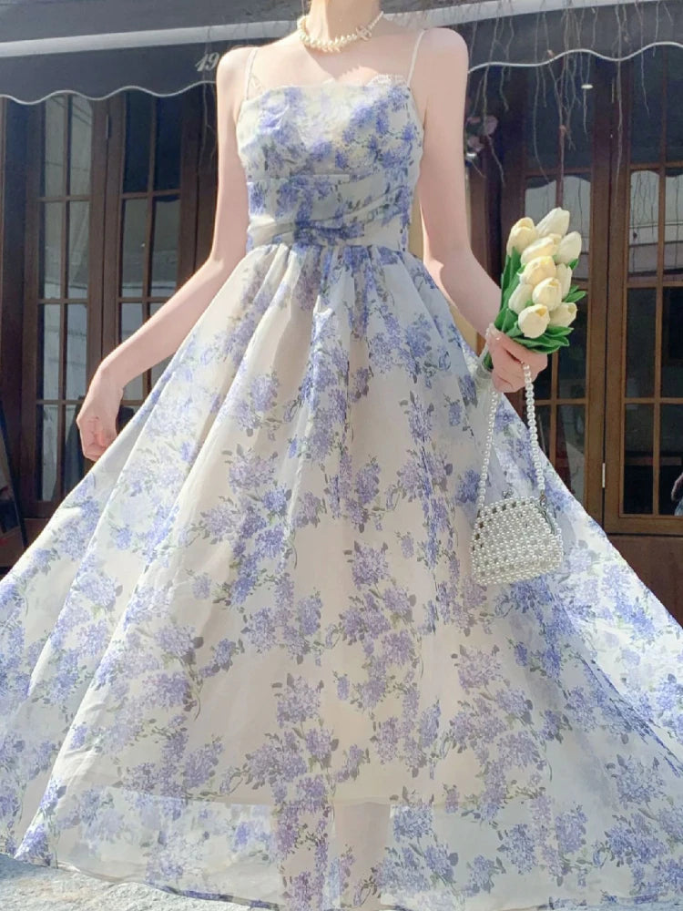 Floral Dresses Women Lace Sweet Vacation Summer Sleeveless Princess Fashion Ulzzang Ladies Temperament Vintage Slim Ankle-length