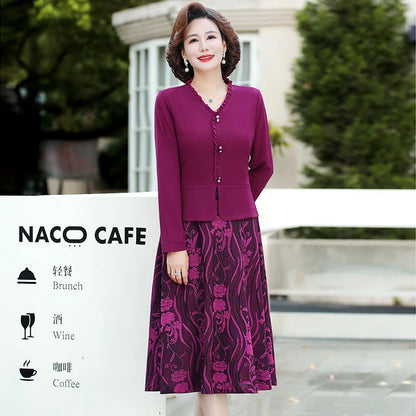 Women's Dress Plus Size Autumn Middle-Aged Mother Long sleeve V-neck selvedge Pleated Elegant office Ladies Vestido