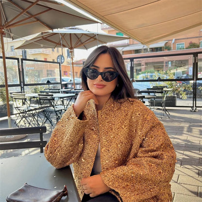 Autumn/Winter New Product Women's New Fashion and Casual Versatile Stand up Collar Long Sleeve Beaded Jacket Coat