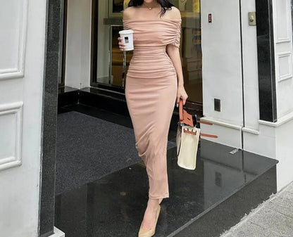 Spring European and American one shoulder pleated dress+slim fit and slimming slit bottom skirt formal dress long skirt
