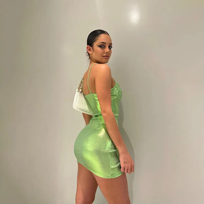 2024 Bling Glitter Backless Mini Dress For Women PU Metallic Sexy Club Bodycon Strap Bright Color Spaghetti Y2K Clothes