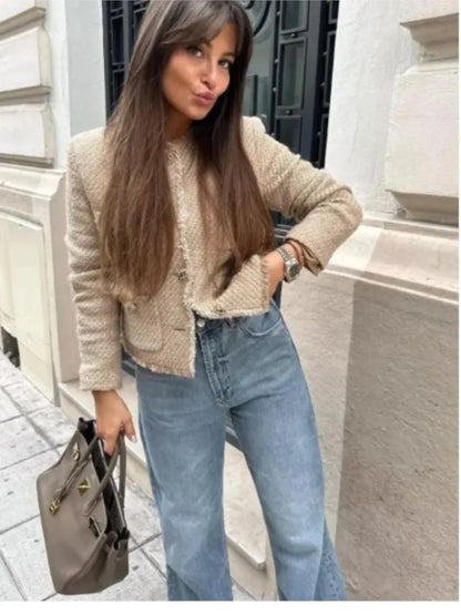 Chic Shinny Sequin Women Cropped Jacket Stand Collar Long Sleeve Lady Solid Coat 2023 Autumn New Female Gold Street Overcoat