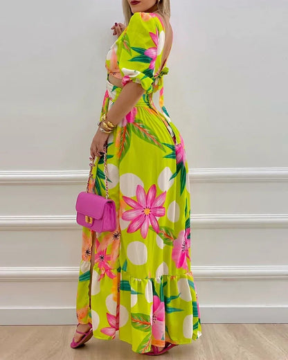 Spring Women Long Sleeved Cutout V-Neck Twist Summer Elegant Tie Dyed Floral Printed Lantern Sleeve Split Thigh Maxi Dress