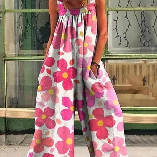 Plus Size Summer New Trendy And Fashionable Printed Commuting Temperament Loose Backstraps Wide Leg Jumpsuit  Women'S Pants