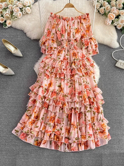 Summer New Off Shoulder  Wrap Waist to Show Thin A-line Fragmented Cake Dress Women's Beach Vacation Chiffon Long Dress GD820