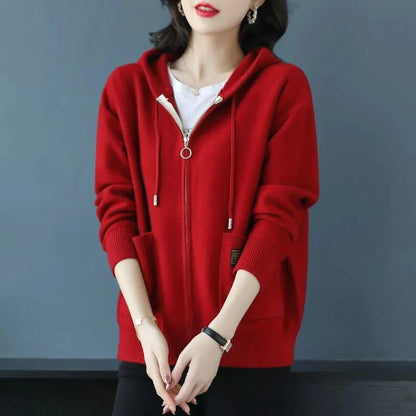 Women Hooded Knitted Cardigan Spring Autumn Large Size Casual Zipper Sweater Coat Korean Fashion Knitwear Female Tops 3XL Y1432