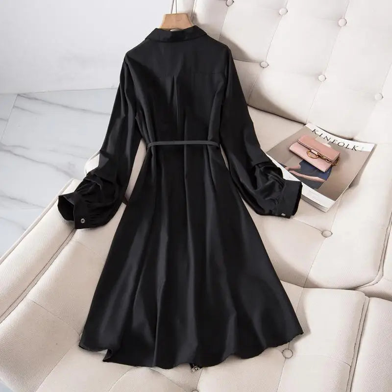 Korean Fashion Print Dress Women Autumn Spring Casual Luxury Design Long Sleeve Long Midi Shirt Dress Belted Female Vestidos