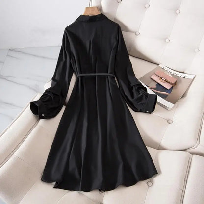 Korean Fashion Print Dress Women Autumn Spring Casual Luxury Design Long Sleeve Long Midi Shirt Dress Belted Female Vestidos