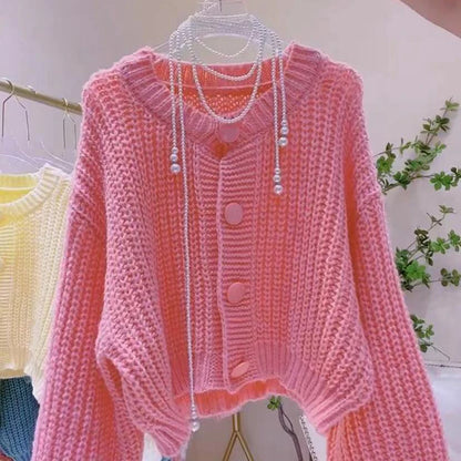 Women Sweater Cardigans Autumn Winter Knitted Korean Loose Oversize Long Sleeve Elegance Sweet Pink Casual Coats Top femal cloth