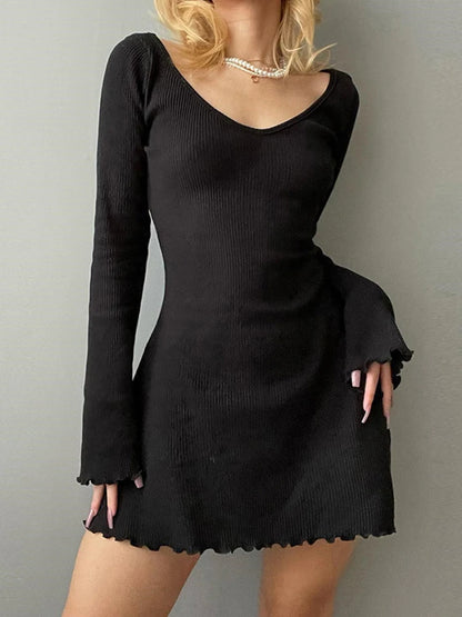 Knitted y2k Dress for Women 2024 Solid U Neck Backless Sexy Long Flared Sleeves Basic Slim Mini A-Line Dress