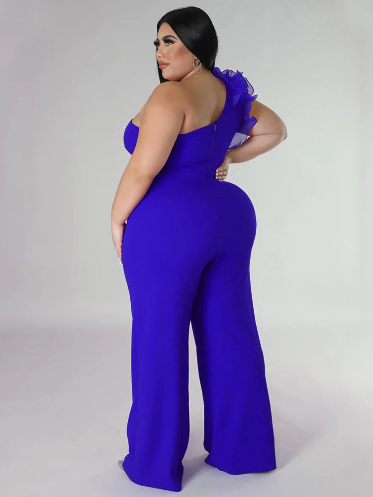 Plus Size Jumpsuits One Shoulder High Waist Ruffles Evening Party Overalls Wide Leg Pants 3XL 4XL One Piece Outfits for Women